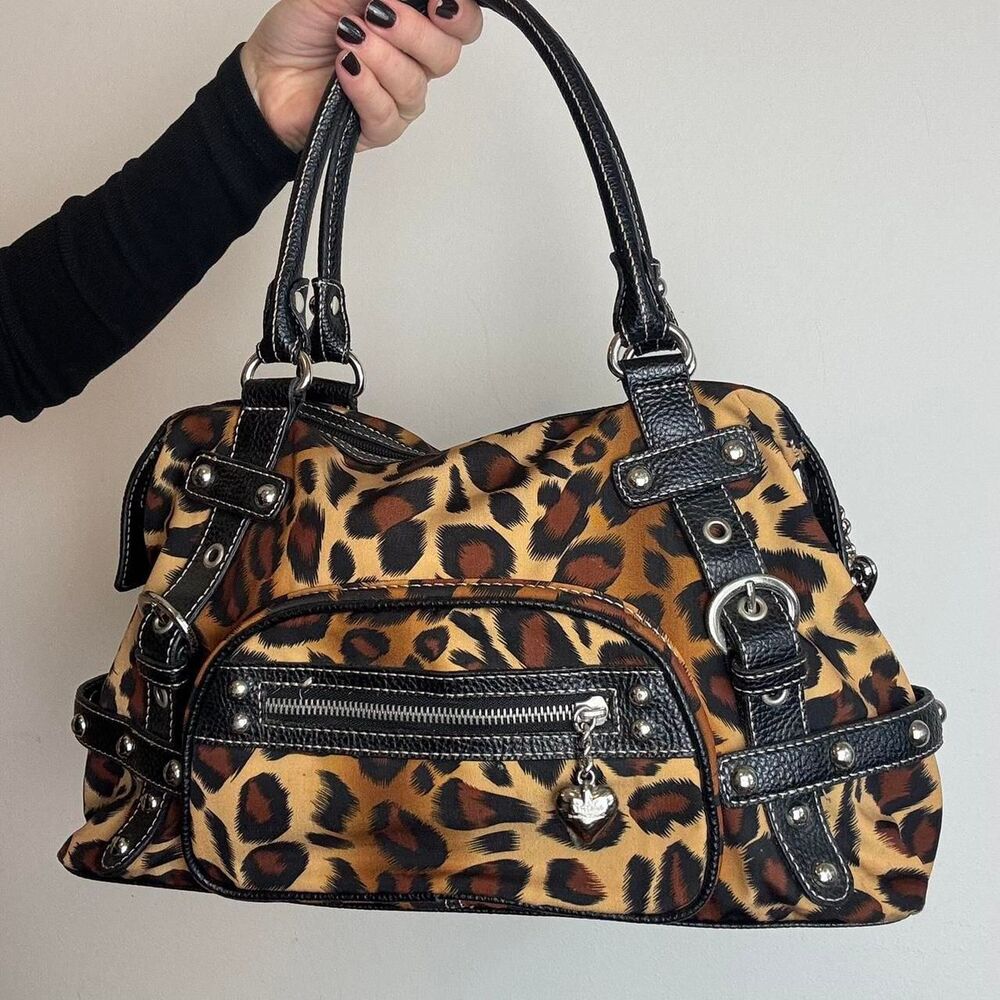 Kathy Van Zeeland Vintage Y2K Leopard Print Canvas and Leather Shoulder Bag - Picture 2 of 6